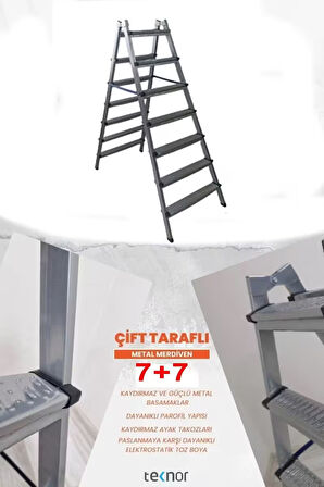 Çift Taraflı Dayanıklı 7+7 Metal Basamaklı Merdiven