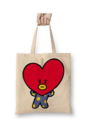 Bts Bt21 Tata Beyaz Bez Çanta Uzun Saplı Alışveriş Çantası Plaj Çantası