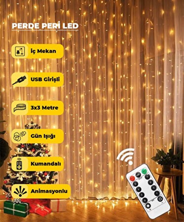 USB Perde Dekoratif Peri Led 3x3m - Animasyonlu - Kumandalı