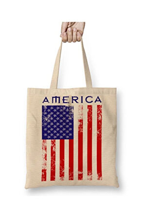 Amerika Bayrağı Beyaz Bez Çanta Uzun Saplı Alışveriş Çantası Plaj Çantası
