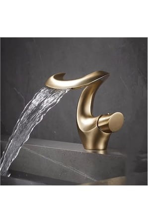 Lüks Gold Şelale Lavabo Bataryası Tek Kollu Tezgah Üstü Banyo Musluğu Modern Tasarım