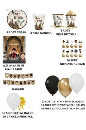 Dehaparty Harry Potter Doğum Günü Konsepti Parti Süsleri Seti Çok Renkli Siyah Gold Beyaz Pano Tabak Bardak Banner 12" Balon