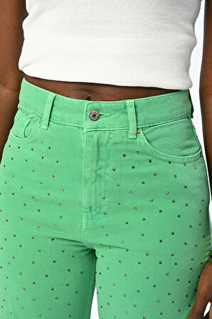 KADIN YAPIŞTIRMA TAŞ İŞLEMELİ DÜZ RENKLİ KOT PANTOLON