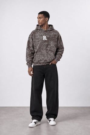 Erkek Revere Nakışlı Yıkamalı Oversize Hoodie Kahve