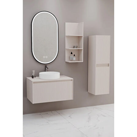 Almonde 80 Cm Beyaz Lavabolu Banyo Dolabı Krem - Raf Modül Ve Boy Dolap Dahil