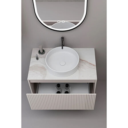 Almonde 80 Cm Beyaz Lavabolu Banyo Dolabı Krem - Raf Modül Ve Boy Dolap Dahil