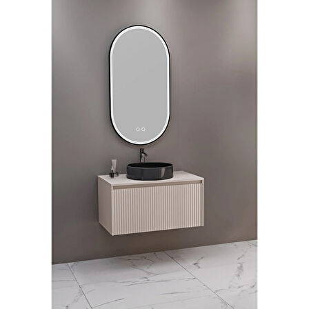 Almonde 80 Cm Siyah Lavabolu Banyo Dolabı Krem