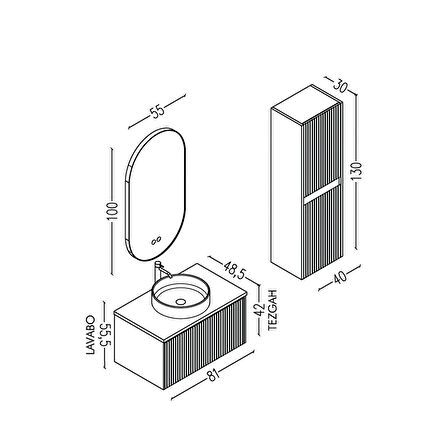 Almonde 80 Cm Siyah Lavabolu Banyo Dolabı Krem - Boy Dolap Dahil