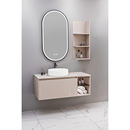 Almonde 100 Cm Beyaz Lavabolu Banyo Dolabı Krem - Raf Modül Dahil