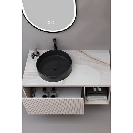 Almonde 100 Cm Siyah Lavabolu Banyo Dolabı Krem