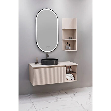 Almonde 100 Cm Siyah Lavabolu Banyo Dolabı Krem - Raf Modül Dahil
