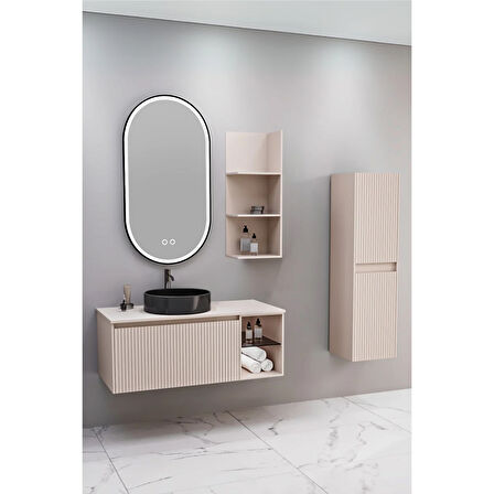 Almonde 100 Cm Siyah Lavabolu Banyo Dolabı Krem - Raf Modül Ve Boy Dolap Dahil