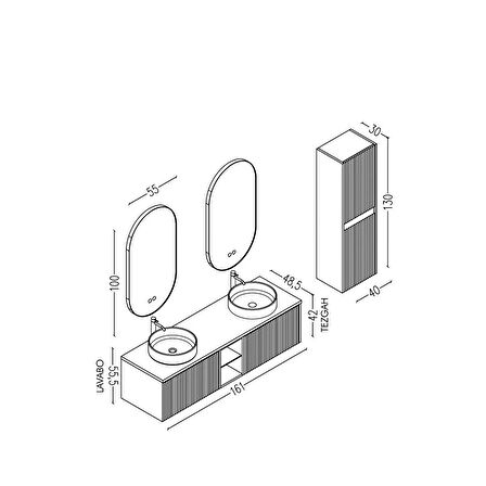 Almonde 160 Cm Siyah Lavabolu Banyo Dolabı Krem - Boy Dolap Dahil