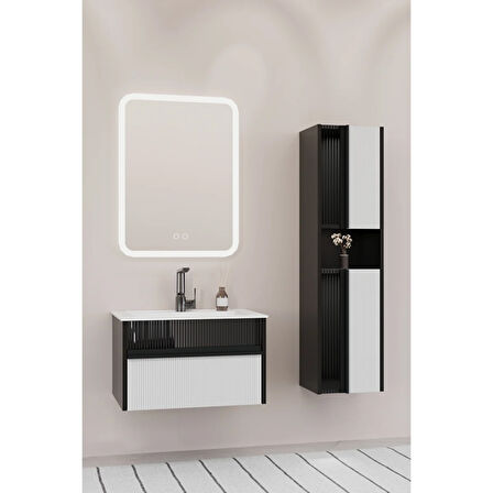 Sable 65 Cm Beyaz Lavabolu Banyo Dolabı - Siyah Beyaz (boy Dolap Dahil)