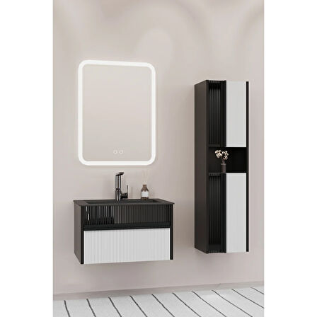 Sable 65 Cm Siyah Lavabolu Banyo Dolabı - Siyah Beyaz (boy Dolap Dahil)