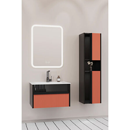 Sable 65 Cm Beyaz Lavabolu Banyo Dolabı - Siyah Kiremit (boy Dolap Dahil)