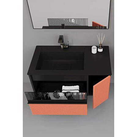 Sable 85 Cm Siyah Lavabolu Banyo Dolabı - Siyah Kiremit (boy Dolap Dahil)