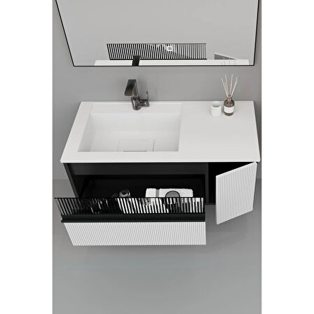Sable 100 Cm Beyaz Lavabolu Banyo Dolabı - Siyah Beyaz (boy Dolap Dahil)