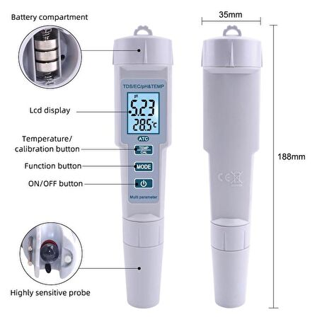  PH-686 4'ü 1 arada PH Metre TDS EC ve Sıcaklık Ölçer