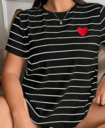 Siyah Kadın Çizgili Oversize T-SHİRT-488488