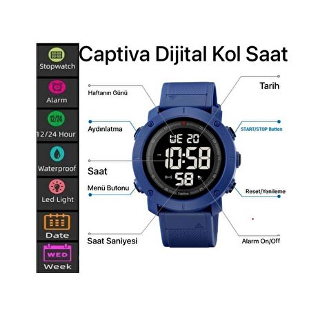 Captiva 30 mt Suya Dayanıklı Digital Alarm-Kronometre-Led Işık Spor Kasa Çoçuk Kol Saati CPT.X002