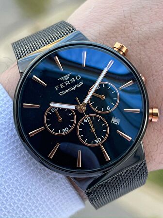 Ferro Siyah Hasır Kordon İç Fonksiyonları Aktif Takvimli 30 Mt Su Geçirmez Erkek Kol Saat ETM3697