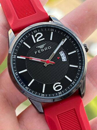 Ferro Takvimli Aktif Kırmızı Renk Slikon Kordon 30 Mt Su Geçirmez Erkek Kol Saat EF11316-ZK