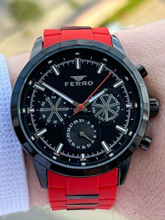 Ferro İç Fonksiyonları Aktif Kırmızı Renk Slikon Kordon 30 Mt Su Geçirmez Erkek Kol Saat EF11360-ZK