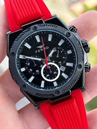 Ferro İç Fonksiyonları Aktif Kırmızı Renk Slikon Kordon 30 Mt Su Geçirmez Erkek Kol Saat EF31396-ZK