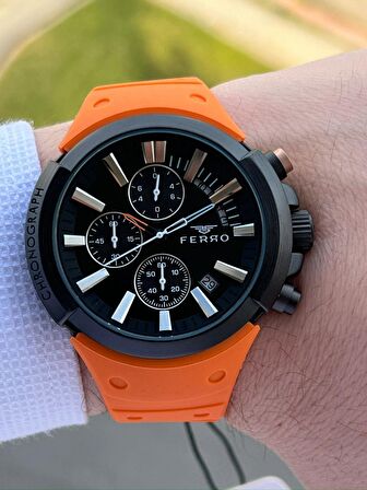 Ferro İç Fonksiyonları Aktif Turuncu Renk Slikon Kordon 30 Mt Su Geçirmez Erkek Kol Saat EF11002-ZL