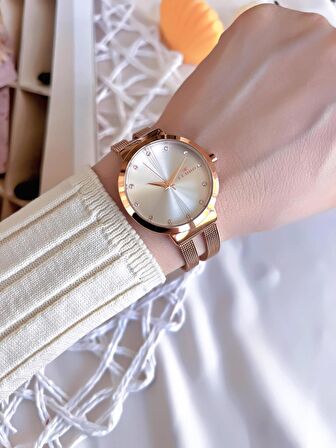 Ferro Hasır Kordonlu Rose Gold Kararmaz Renk Atmaz 3 Atm  Özel Tasarım Kadın Kol Saati BF2996CWT