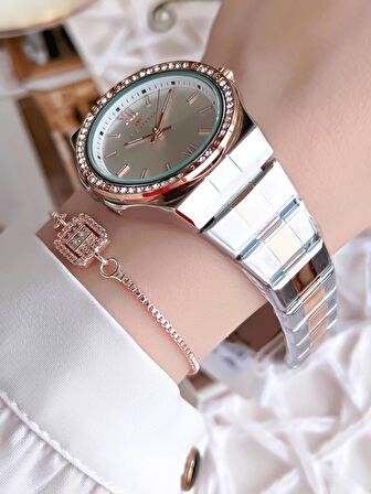 Ferro Hasır Kordonlu Gümüş/Rose Kararmaz Renk Atmaz 3 Atm  Özel Tasarım Kadın Kol Saati BFL21358-E