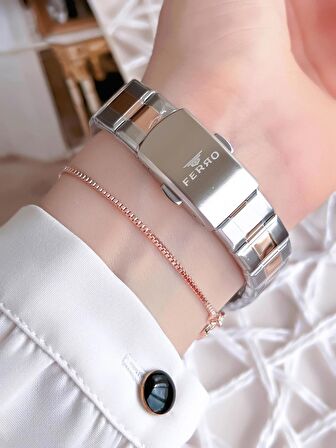 Ferro Hasır Kordonlu Gümüş/Rose Kararmaz Renk Atmaz 3 Atm  Özel Tasarım Kadın Kol Saati BFL21358-E