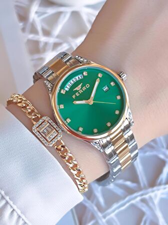 Ferro Takvimli Gold/Gümüş Renk Kararmaz Renk Atmaz 3 Atm  Özel Tasarım Kadın Kol Saati EFL21439D6
