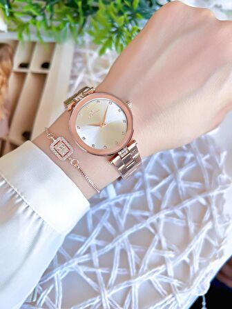 Ferro Rose/Gold Renk Kararmaz Renk Atmaz 3 Atm  Özel Tasarım Kadın Kol Saati EFL21297C