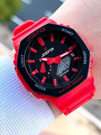 Joefox G-SHOCK Kasa Kırmızı Dijital/Analog 5Atm Suya Dayanıklı 2 Yıl Garantili Spor Kol Saati J-GS24