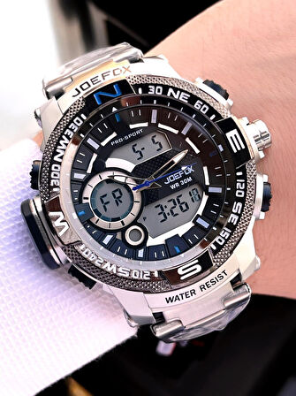 Joefox Çelik Kordon Dijital Ve Analog 2 Yıl Garantili 3 Atm Suya Dayanıklı Erkek Kol Saati JOE2.LC06
