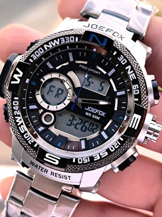 Joefox Çelik Kordon Dijital Ve Analog 2 Yıl Garantili 3 Atm Suya Dayanıklı Erkek Kol Saati JOE2.LC06