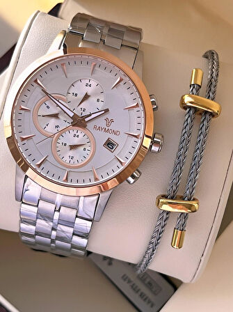Raymond Nişan Ve Damatlara Özel Çelik Kordon 2 Yıl Garantili 5 Atm Erkek Kol Saati+Bileklik RMD.30