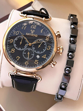 Raymond Nişan Ve Damatlara Özel Deri Kordon 2 Yıl Garantili 5 Atm Erkek Kol Saati+Bileklik RMD.39