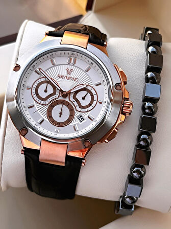Raymond Nişan Ve Damatlara Özel Deri Kordon 2 Yıl Garantili 5 Atm Erkek Kol Saati+Bileklik RMD.44
