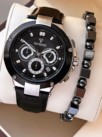 Raymond Nişan Ve Damatlara Özel Deri Kordon 2 Yıl Garantili 5 Atm Erkek Kol Saati+Bileklik RMD.46