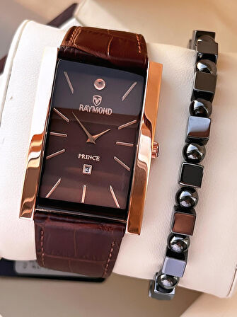 Raymond Nişan Ve Damatlara Özel Deri Kordon 2 Yıl Garantili 5 Atm Erkek Kol Saati+Bileklik RMD.49