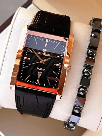 Raymond Nişan Ve Damatlara Özel Deri Kordon 2 Yıl Garantili 5 Atm Erkek Kol Saati+Bileklik RMD.52