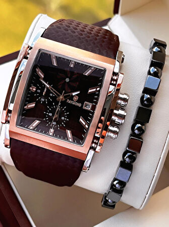 Raymond Nişan Ve Damatlara Özel Deri Kordon 2 Yıl Garantili 5 Atm Erkek Kol Saati+Bileklik RMD.53