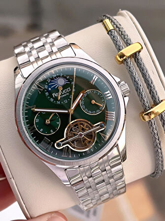 Ferrucci Otomatik Ve Kurmalı Güneş Ve Mehtap Kadranlı Çelik Kordonlu Erkek Kol Saati BFC.03606.2