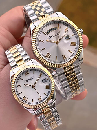 Ferrucci Çiftlere Özel Çelik Kordon Takvimli Kadran Sevgili Kombini Özel Çift Saati CFT.13029C01