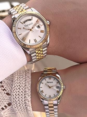 Ferrucci Çiftlere Özel Çelik Kordon Takvimli Kadran Sevgili Kombini Özel Çift Saati CFT.13029C01