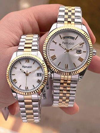Ferrucci Çiftlere Özel Çelik Kordon Takvimli Kadran Sevgili Kombini Özel Çift Saati CFT.13029C01