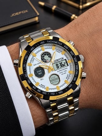 Joefox Digital Ve Analog Çelik Kordon Kronmetre+Takvim+Alarm+Aydınlatma Erkek Kol Saati JOE.X3